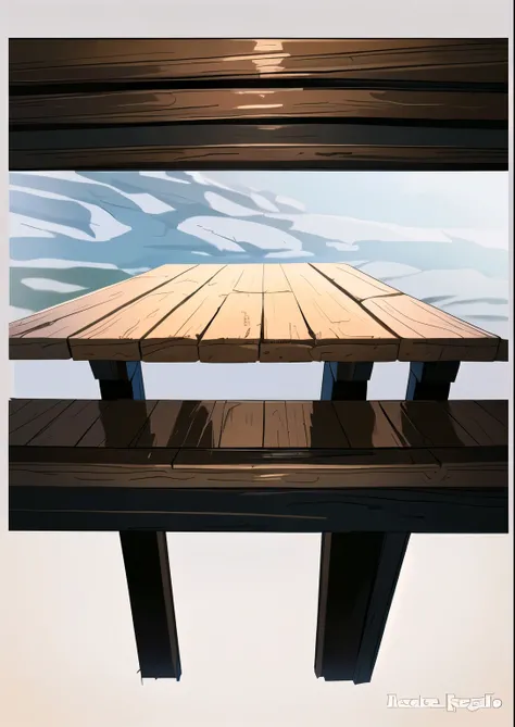 there is a wooden bench with a wooden table top, mesa de madeira detalhada, renderizado em irreal 5, unreal enginepintura digital, renderizado em irreal, renderizado em irreal engine, pouco detalhado. pintura digital, pintura digital concept art, renderiza...