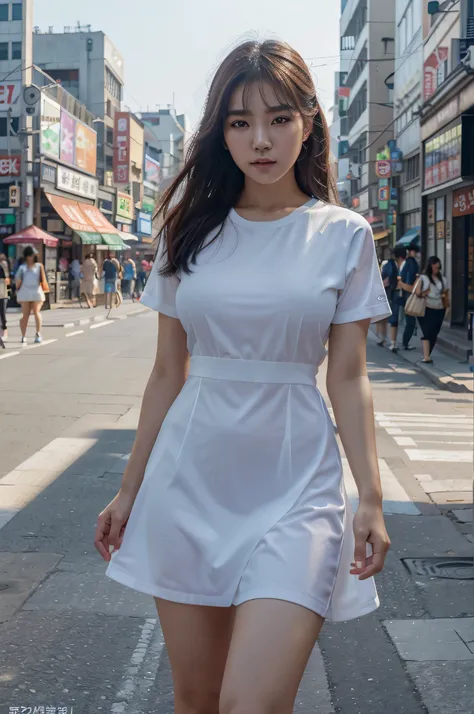 Ultra Realistic, 8K Resolution, Korean Beautiful Female Model, very cute, realistic skin, very beautiful eyes, in a bustling Korean city, posing for photo, in a beautiful streetwear dress, amazing looking, photorealistic, in a bustling city of Korea