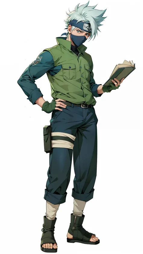 Kakashi Hatake, extremamente realista, muito lindo, colete verde, camisa azul, blue pants, cabelo branco prateado, segurando um livro aberto, livro capa verde, mascara no rosto, mascara azul