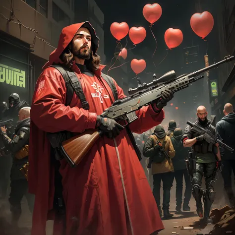 painting of a man holding a rifle and holding red balloons, cyberpunk jesus christ, jesus christ is the doom slayer, beeple and james jean, saturno butto, by Ludwik Konarzewski Jr, ninja jesus, james jean marc simonetti, martin ansin, by Johannes Helgeson,...