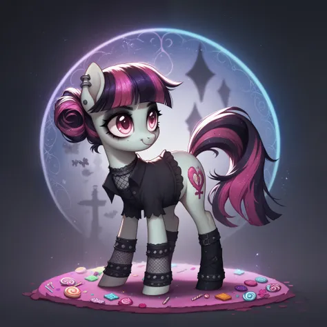 score_9,score_8_up,score_7_up,score_6_up, cute zombie pony, goth fashion, glowing backlight, candy, pink scene, glitter, whimsic...