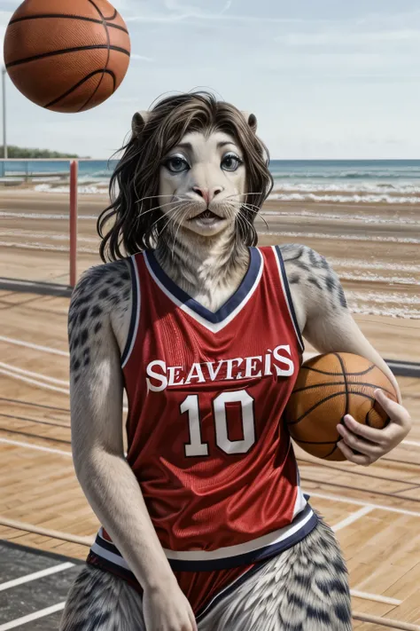 Female seal basketball player, furry seal woman, eating fish! Sea animal 