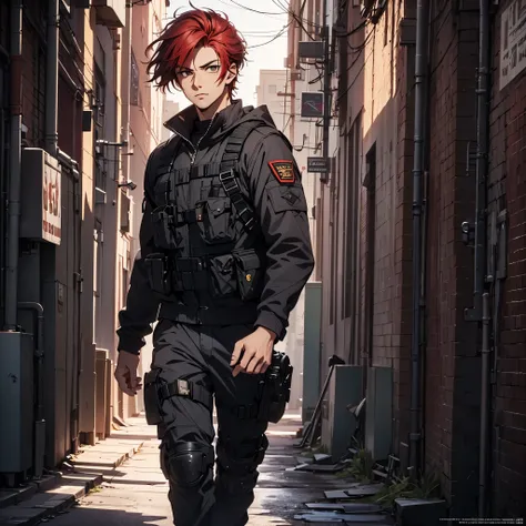 1man, handsome, 18 years old, wild red hair, wearing combat suit, ultra high resolution, best quality, masterpiece, rtx,ray tracing, 4k, top quality, highly detailed, official art, stunning visuals
