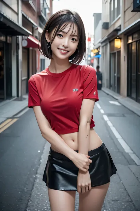 The beauty of 8K raw photos:2.0, Japanese woman, short hair, beautiful face and dark eyes, looking down, looking at the viewer:1.5, big smile, wet hair, tiny top, (mini skirt and red shirts:1.2), shinny skin, open wide legs, realistic:1.9, very detailed, f...