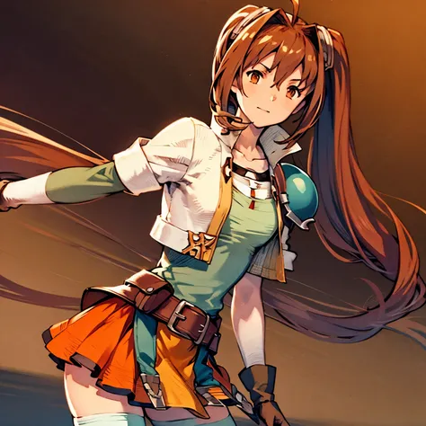 Masterpiece, solo, 1girl, upper body, scEstelle, cropped jacket, green shoulder pad, tan shirt, orange skirt, belt, white thighhighs, brown gloves