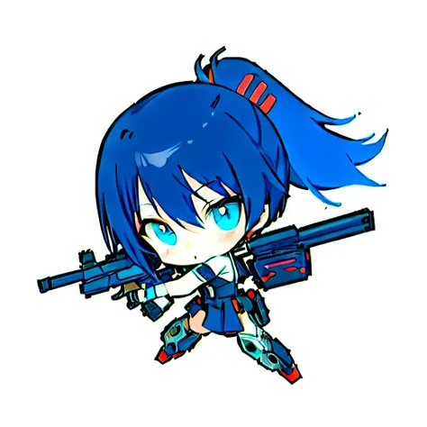 Blue Hair Girl、A cute chibi catgirl in an anime art style, completely robotic, holding guns in front of a wooden background. She has a MapleStory Gun Girl design, with a tattoo of a robotic cat. The art style is reminiscent of Trigger animation and manga, ...