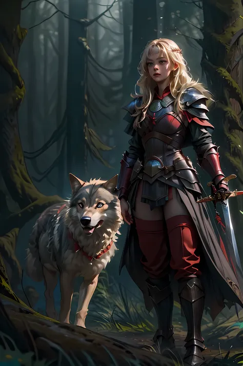 fantasy art, rpg art, dark fantasy art, ultra wide shot, raw, photorealistic, a picture of female human ranger and her wolf pet,...