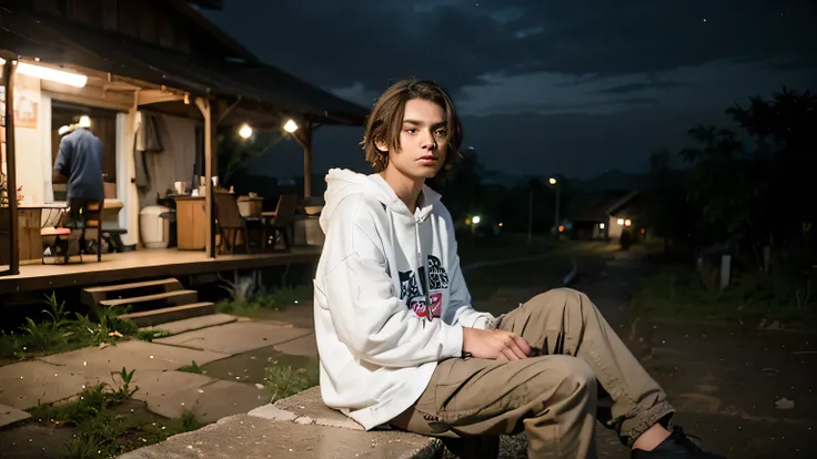 An 18 year old boy with a boyfriends bob hairstyle, wearing a white oversized hoodie and black cargo pants, is sitting at night in a rural area
Indonesia.