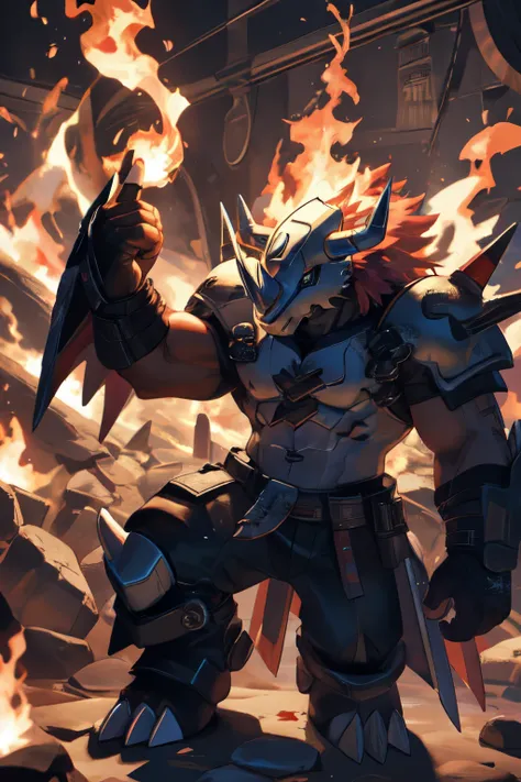 ((best quality)), ((masterpiece)), (detailed), giant wargreymon and a tiny wargreymon on his chest, playing with fire