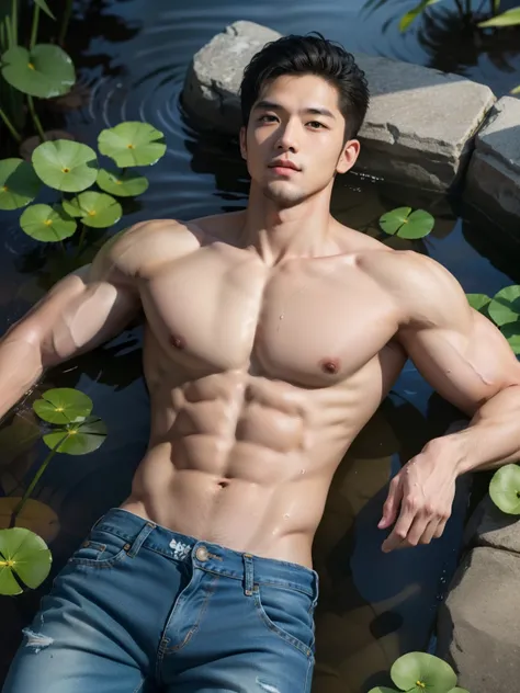 masterpiece, best quality, 1 male, adult, handsome, asian man, tall muscular guy, broad shoulders, finely detailed eyes and detailed face, extremely detailed CG unity 8k wallpaper, intricate details, The pond is filled with colorful flowers, A man lying on...