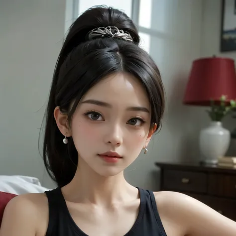 ((best quality)), ((masterpiece)), (detailed), perfect face. Black hair. Ponytail. Anime girl. Asian girl. Black eyes. Ulzzang. Tanktop. Bedroom.
