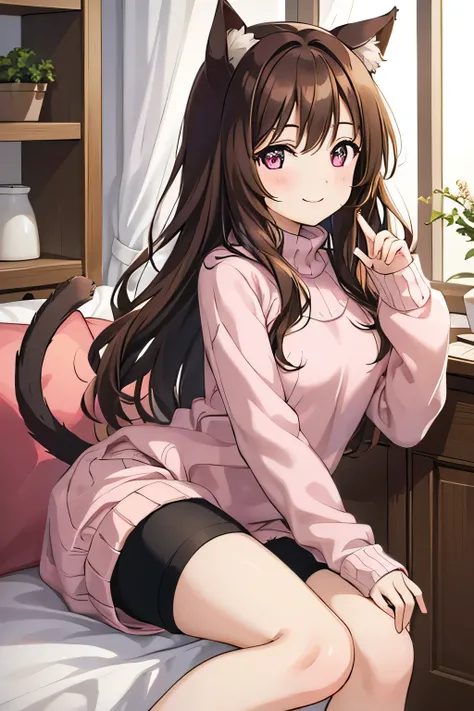 A young girl with an ornament that is cat ears and a cat tail and brown hair with cream skin brown hair with a little red and with a smile on her lips a pink sweater with white edges She is wearing shorts 