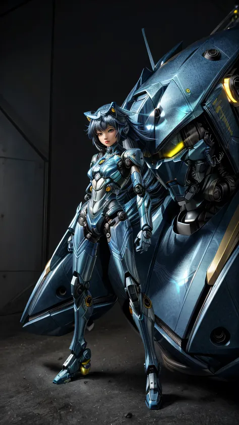 (best quality,highres,ultra-detailed),female character,blue and yellow outfit,female cyborg,scarab reploid,cybernetic armor-biki...