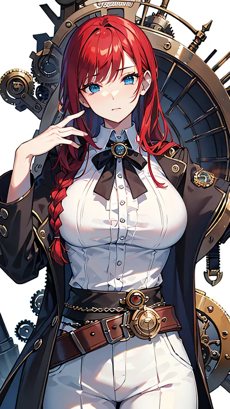 ​masterpiece、high-quality、top-quality、Beautiful face、expressive eyes、hard disk、Perfect lighting、A detailed face、Detailed body、mature female、mature lady、solo、(A red-haired)、braided hair、swept bangs、 blue eyes、((steampunk style))、((white shirt))、((black)) tr...