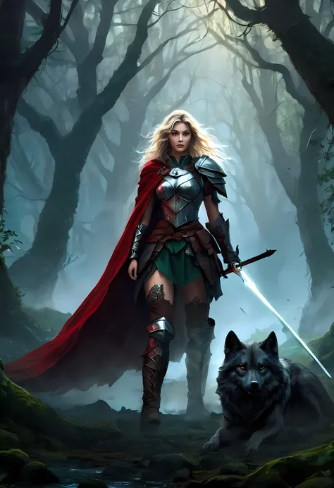 fantasy art, RPG art, Dark fantasy art, ultra wide shot, RAW, photorealistic, a picture of female human ranger and her wolf pet, the ranger, an exquisite beautiful human woman, long blond hair, braided hair, green eyes, wearing leather armor, wearing (red ...