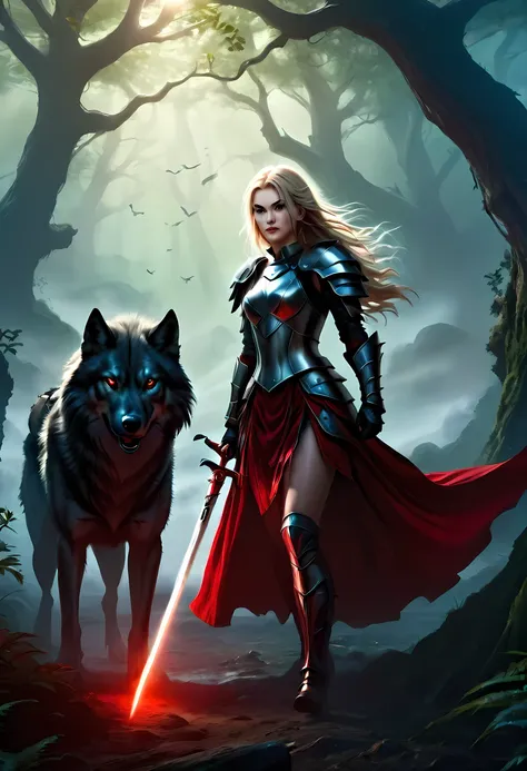 fantasy art, RPG art, Dark fantasy art, ultra wide shot, RAW, photorealistic, a picture of female human ranger and her wolf pet, the ranger, an exquisite beautiful human woman, long blond hair, braided hair, green eyes, wearing leather armor, wearing (red ...