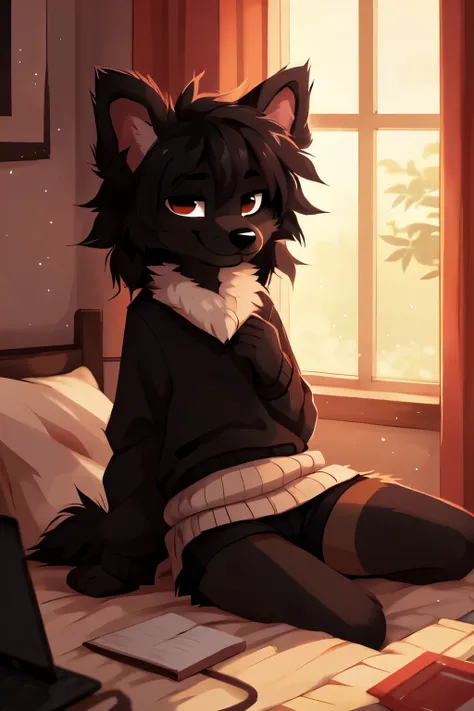 ((by reysi)), Best quality, super detailed illustration, warm colors, Ideal lighting, (Fluffy boy dog:1.6), (Black fur:1.5), disheveled thick hair, short shorts, long black stockings, black long sleeve sweater, in a cosy room, smug smile, tricky glance ,...
