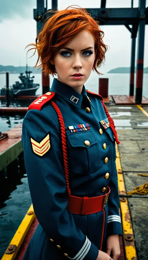 Absurd resolution, high resolution, (masterpiece: 1.4), hyper-detail, weapons testing site at an empty dock by the sea, 1 young woman, short red hair, soldier costume, very serious expression, detailed eyes, detailed lips, detailed face, long eyelashes, gr...