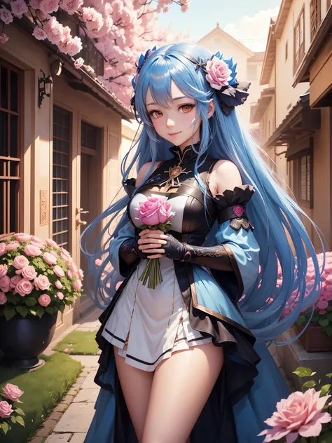 Anime girl with long blue hair, Bright smile、Detailed Key Anime Art, Background is rose flowers、From Arknights, Highly detailed official artwork, Anime Goddess, pixiv artstationのguweiz, Official Anime Artwork, zerochan art, Beautiful fantasy anime, Etherea...