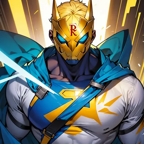 Create a superhero who wears a mask, e tem seu uniforme de cor azul com detalhes amarelos, its symbol is a golden ray on the chest