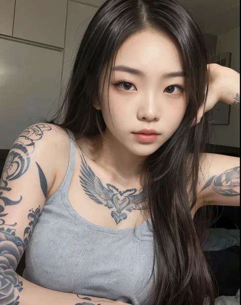 arafed woman with a tattoo on her arm and a gray tank top, of taiwanese girl with tattoos, 2 7 years old, inked, 21 years old, 2 2 years old, she is about 20 years old, she is about 2 0 years old, with tattoos, asian features, 2 8 years old, she is about 2...