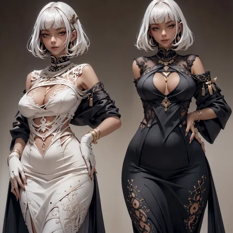 White skin white hair deep v black lace dress women，Luxurious clothes，Charming and elegant，Belly cut-out design，hand behind back，Bend your hips，Huge breasts，groin