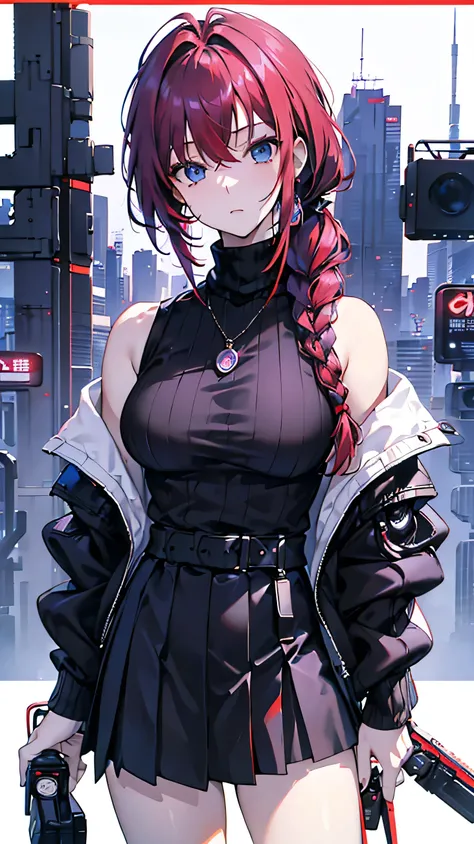 ​masterpiece、high-quality、top-quality、Beautiful face、expressive eyes、hard disk、Perfect lighting、A detailed face、Detailed body、mature female、mature lady、solo、(A red-haired)、braided ponytail、swept bangs、 blue eyes、((cyberpunk style))、((black-purple skirt))、(...