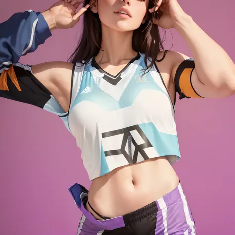 arafed woman in a Good at sports top with a pair of arm sleeves, Good at sports and shirt, Good at sports, Good at sports, training bra, Good at sports and shorts, bra and shorts in streetwear, crop top, носить сексуальный crop top, crop top, electronic bi...