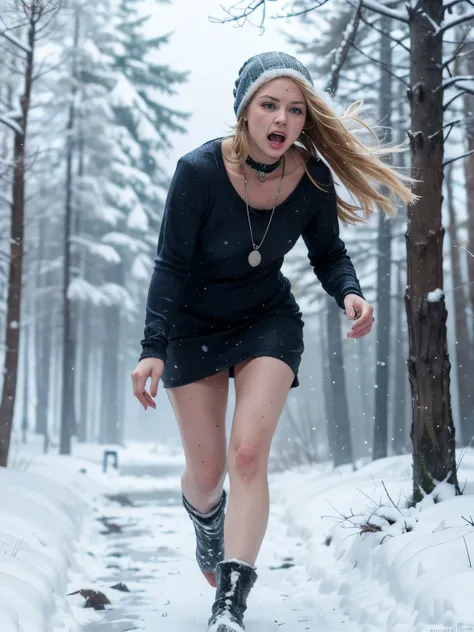 masterpiece, best quality, russian gorgeous woman  years old running through the forest through snowdrifts, bare footed, blondis...