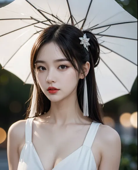 Warm Snow,1girl,solo,umbrella,oil-paper umbrella,blurry,looking at viewer,hair ornament,red lips,upper body,black hair,chinese clothes,depth of field,lips,blurry background,realistic,bokeh,makeup,lipstick,
best quality,masterpiece,illustration,an extremely...