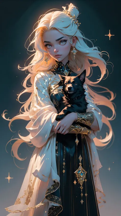 (best quality:1.2,ultra-detailed,realistic:1.37), beautiful girl holding a black dog standing in a mesmerizing dark fantasy art background. The girl has long, flowing black hair and is dressed in an elegant black dress. Her eyes are captivating, with rich ...