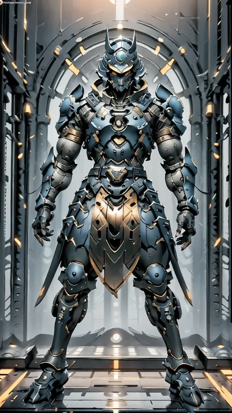 A man wearing a full-face helmet, a fantasy-style biotech armored combat suit, green eyes, (a composite layered chest armor), fully enclosed shoulder guards, matching arm and leg guards, the belt is adorned with dragon claw grasping orbs, (primarily black ...