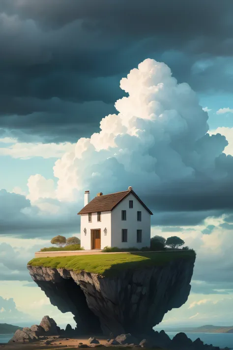 ((mejor calidad)), ((Obra maestra)), (detallado)) a small and simple white house built on the rock. It is surrounded by black clouds, cielo oscuro, por tormentas, lluvias, nubes negras , vientos , pero estos no la afectan