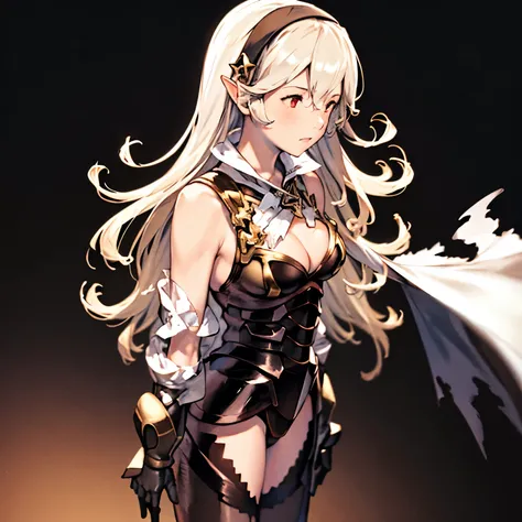 Masterpiece, solo, 1girl, upper body, legCorrin, black hairband, cleavage, black armor, shoulder armor, gauntlets, black gloves, torn cape, black leotard, black legwear