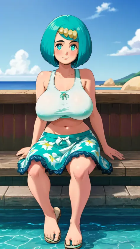 A beautiful girl tenderness happy beautiful big breast light turquoise hair round cut her blue eye wears white top yellow lace thread shows navel and her navy blue Hawaiian skirt flip flops feet