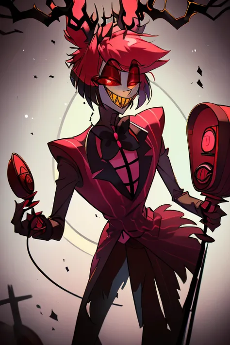Alastor from hazbin hotel intimidating and seducing the viewer.
view is low looking up at the character, full body drawing, full body, cartoon anime style, horror, scary, attractive, (best quality,4k,8k,highres,ultra-detailed,horror,anime,professionally l...