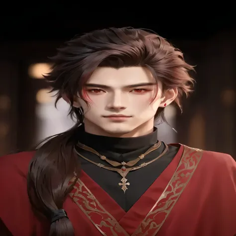 a close up of a person with long hair wearing a red outfit, handsome guy in demon slayer art, beautiful androgynous prince, cai xukun, delicate androgynous prince, male anime character, anime handsome man, by Yang J, keqing from genshin impact, zhongli fro...