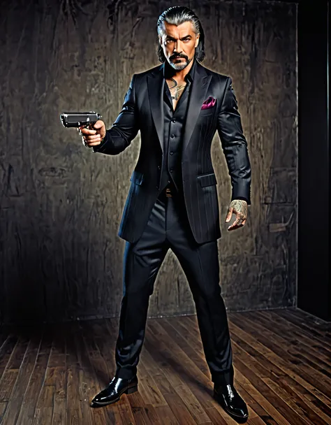 Extremely detailed, very realistic, very sharp, hyper-realistic, best quality, masterpiece, 50 age, tall muscled, grizzled (stylish) hair, stubble, scars, pants, evil, boots, nightclub, blazer, tattoos, goatee, black hair, pointing pistol at the viewer