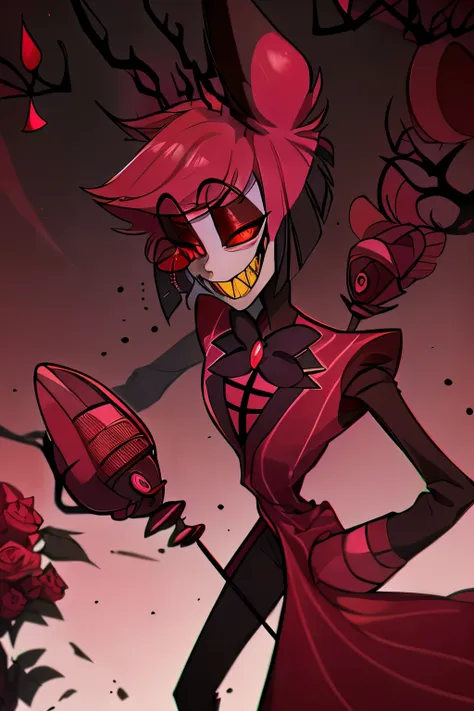 alastor from hazbin hotel intimidating and seducing the viewer, holding a rose in his hand as a gift to the viewer. romantic ges...