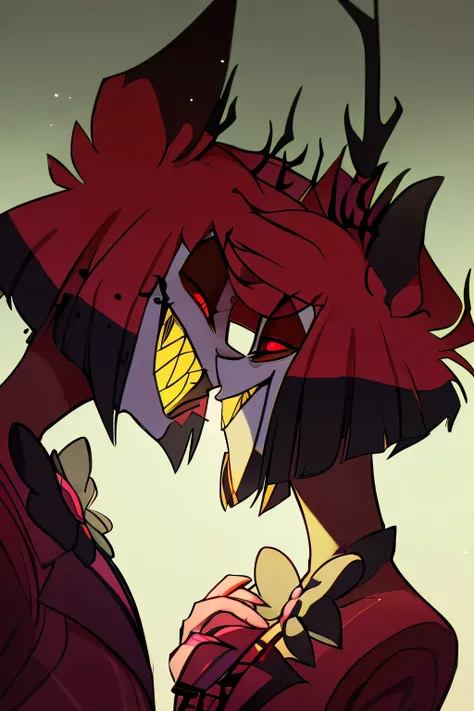 Alastor from hazbin hotel intimidating and seducing a long haired girl in front of him, holding a rose in his hand as a gift to the girl. Romantic gesture. 
view is low looking up at the characters, full body drawing, full body, cartoon anime style, horror...