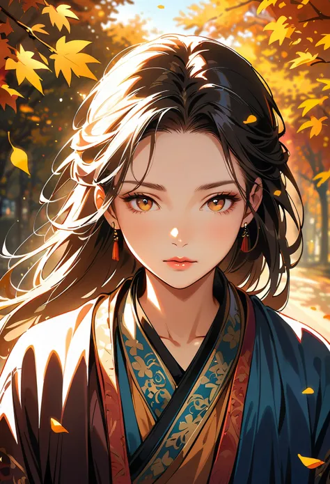 chinese beauty, closeup of her face, beautiful eyes and lips, hanfu, autumn scene, golden leaves, sunlight shining through the b...