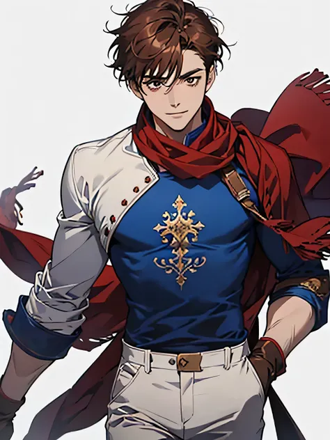 1man, brown hair with bangs and a blue lock, red scarf around his neck, blue t-shirt with white sleeves, red gloves, white pants, black eyes, smile, red boots, hero pose