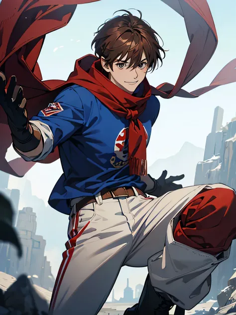 1man, brown hair with bangs and a blue lock, red scarf around his neck, blue t-shirt with white sleeves, red gloves, white pants, black eyes, smile, red boots, hero pose