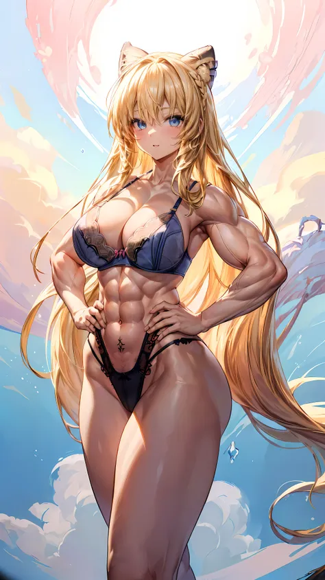 Very detailed、highest quality、Best image quality、masterpiece、8k、Anime Face、A kind smile、(Open your mouth:1.3)、Sparkling blue eyes、(Blonde semi-long hair:1.5)、(Muscles of the whole body:1.3)、(highleg:2.0)、Thigh belt、(Cowboy Shot:1.5)、(SFW Giant)、(Thick body...