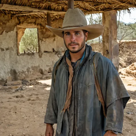 cowboy grisalho, olhos azuis penetrantes, desalinhado, restolho, cowboy hat, poncho colorido
(post-apocalyptic:1.3), cidade dese...