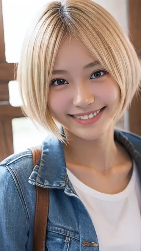 Japanese、18-year-old、Very slim、((Smiling))、Blonde