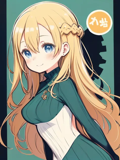 masterpiece、highest quality、High resolution、Very detailed、((Flat Color))、whole body、Chibi Character、Girl、cute、Nendoroid、Smiling、(mint, blue eyes, braid、Long blonde、Big Breasts)、Green Sweater、Turtleneck sweater、Long sleeve、