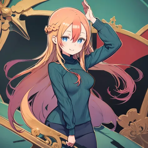 masterpiece、highest quality、High resolution、Very detailed、((Flat Color))、whole body、Chibi Character、Girl、cute、Nendoroid、Smiling、(aty, long hair, blue eyes, red hair, Hair between the eyes、Big Breastint, blue eyes, braid、Long blonde、Big Breasts)、Green Sweat...