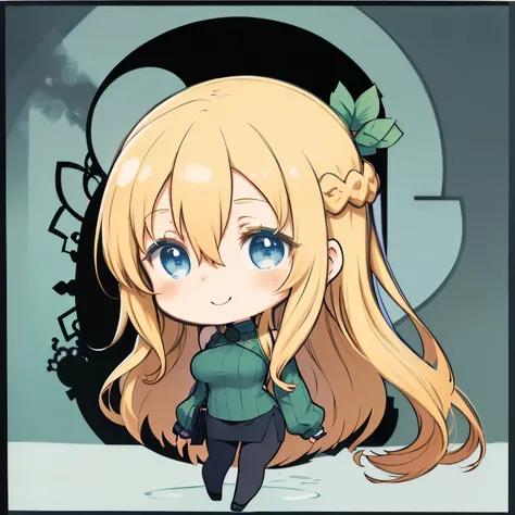 masterpiece、highest quality、High resolution、Very detailed、((Flat Color))、whole body、Chibi Character、Girl、cute、Nendoroid、Smiling、(mint, blue eyes, braid、Long blonde、Hair between the eyes、Big Breasts)、Green Sweater、Turtleneck sweater、Long sleeve、Black Stocki...