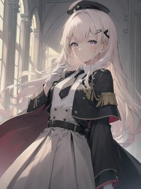 The girl wore a black German military uniform, The girl was draped in a black cloak, surreal, granblue fantasy style, extremely delicate and beautiful, upper body, looking at viewers, focus on eyes, hands behind back, grace, Perfect female body, girlan ext...